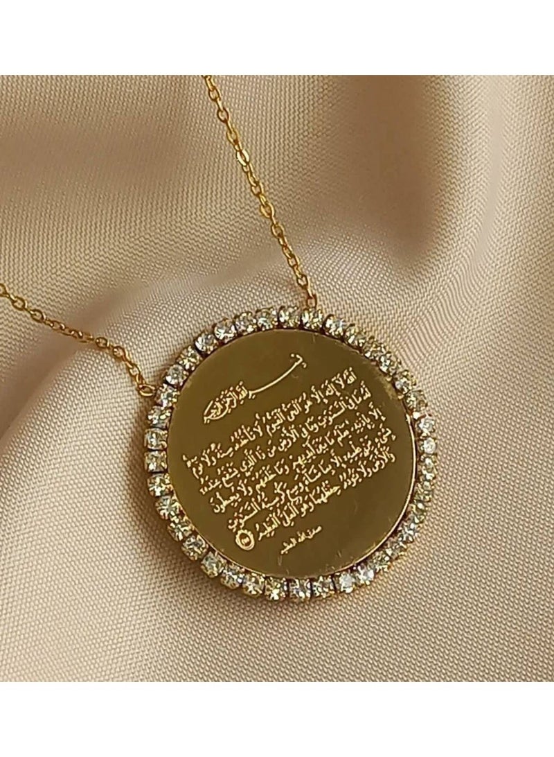 شي إن سلسلة آية الكرسي الدائرية – ستانلس ستيل 316 ضد الصدأ – قلادة ذهبية بإطار زركون - Image 1